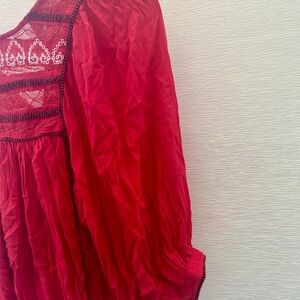 Free People Red Crochet Yoke Long Sleeve Top